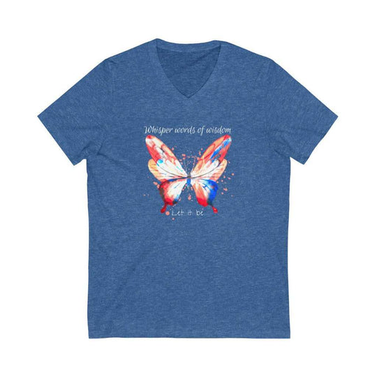 Whisper Words of Wisdom Tee: A blue v-neck shirt with a butterfly design. Made of 100% polyester, ideal for active wear with odor and UV protection. Perfect for the track or gym.