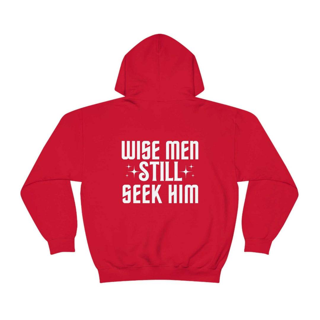 Unisex Wise Men Still Seek Him Hoodie: Red sweatshirt with white text, kangaroo pocket, and drawstring hood. Cotton-polyester blend, medium-heavy fabric, classic fit, tear-away label. Ideal for relaxation and warmth.