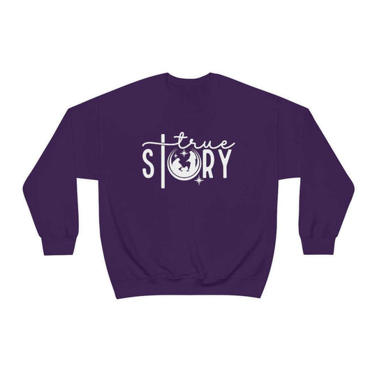 A True Story Crewneck sweatshirt, a blend of comfort and style. Unisex, heavy fabric with ribbed knit collar, seamless design, and true-to-size fit. Ideal for any occasion.