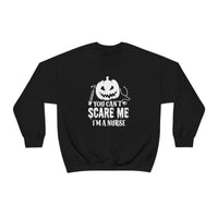 Unisex heavy blend crewneck sweatshirt featuring You Can't Scare a Nurse text. Comfortable, ribbed knit collar, no itchy side seams, 50% cotton, 50% polyester, loose fit, medium-heavy fabric. Sizes S-5XL.