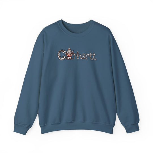 A blue Cowhartt Cow Crew sweatshirt featuring a cartoon cow design on a heavy blend fabric. Unisex, ribbed knit collar, no itchy side seams, 50% cotton, 50% polyester, loose fit, runs true to size.