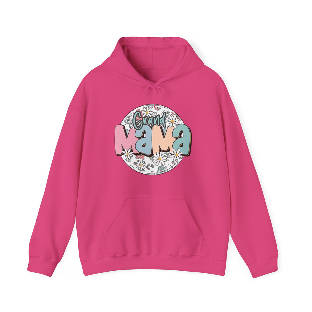 A pink hooded sweatshirt featuring a white circle logo with text, ideal for chilly days. Unisex, plush blend of cotton and polyester, with kangaroo pocket and matching drawstring. Sassy Grand Mama Flower Hoodie from Worlds Worst Tees.