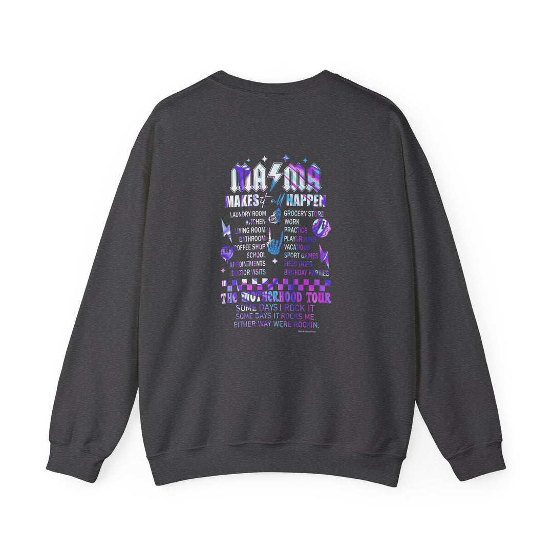 A black Ma/Ma Band Crew sweatshirt with a purple and white design, made of 50% cotton and 50% polyester blend. Ribbed knit collar, no itchy side seams, loose fit, medium-heavy fabric.