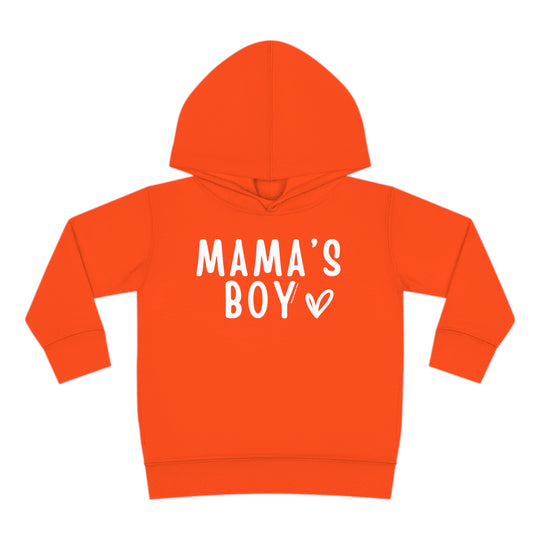 Toddler hoodie with Mama's Boy design, featuring durable construction with cover-stitched details. Side seam pockets for added convenience. Made of 60% cotton, 40% polyester blend. Sizes: 2T, 4T, 5-6T.