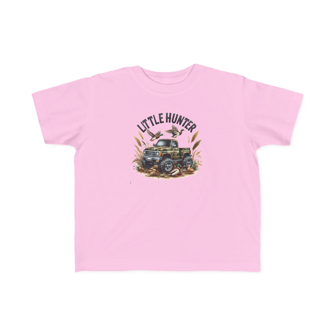 Little Hunter Toddler Tee featuring a pink shirt with a truck and birds print. Soft 100% combed ringspun cotton, light fabric, classic fit, tear-away label. Ideal for toddlers' sensitive skin and first adventures.