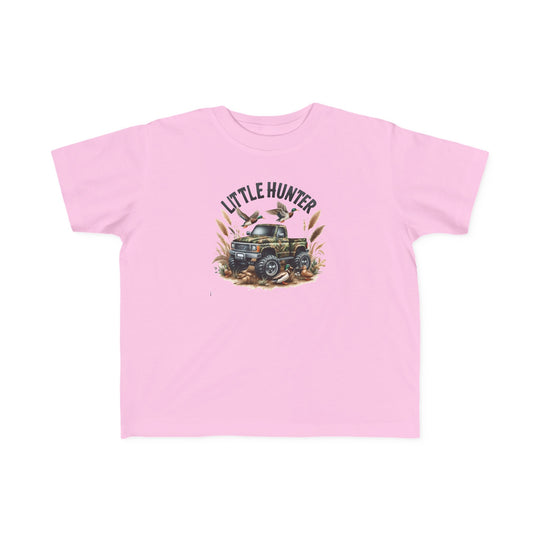 Little Hunter Toddler Tee featuring a pink shirt with a truck and birds print. Soft 100% combed ringspun cotton, light fabric, classic fit, tear-away label. Ideal for toddlers' sensitive skin and first adventures.