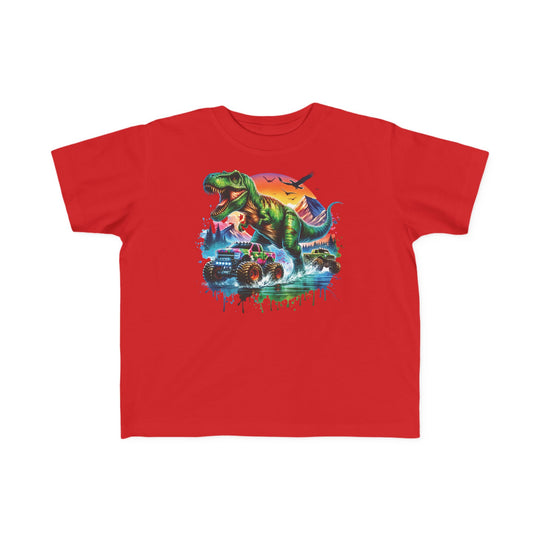 Dino Truck Toddler Tee featuring a colorful graphic of a T. rex and monster trucks in a sunset scene, designed for toddlers' comfort and adventure.