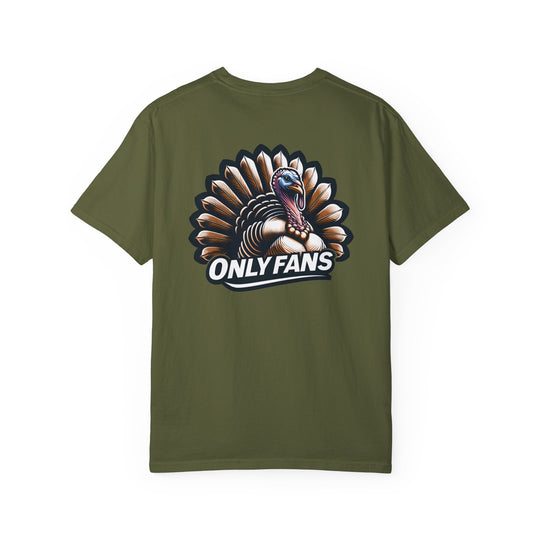 A ring-spun cotton tee featuring a turkey design, ideal for daily wear. Garment-dyed for extra coziness, with a relaxed fit and durable double-needle stitching. From Worlds Worst Tees: Only Fans Hunting Tee.