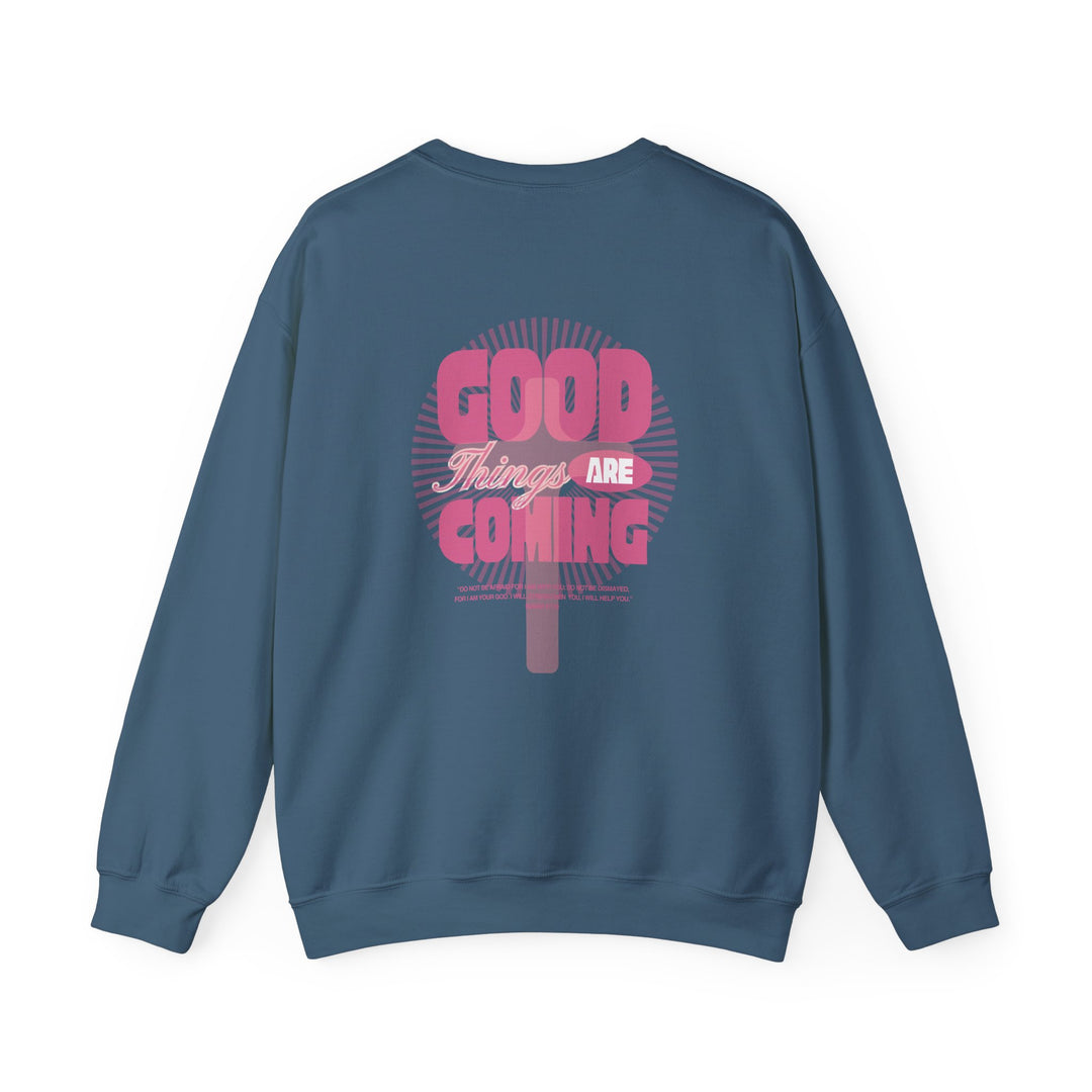 Good Things are Coming Crew: Unisex crewneck sweatshirt made from a comfy polyester-cotton blend, featuring ribbed collar and durable double-needle stitching for a cozy fit.