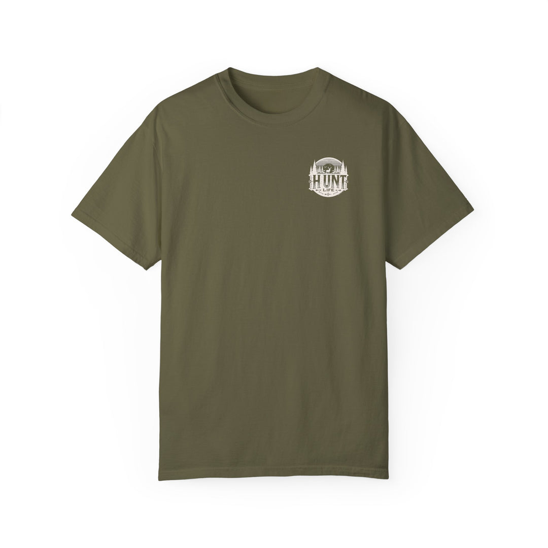 A green Raise Um Right Tee, featuring a deer and trees logo on ring-spun cotton. Garment-dyed for extra coziness, with a relaxed fit and durable double-needle stitching. Ideal for daily wear.