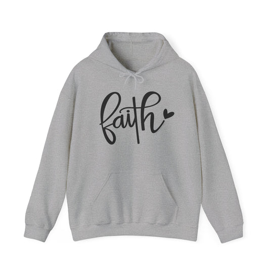 A cozy Faith Hoodie, a blend of cotton and polyester, featuring a kangaroo pocket and matching drawstring. Unisex, medium-heavy fabric for warmth and comfort. Ideal for chilly days.