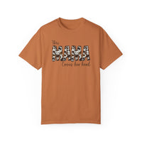 A relaxed fit Mama Herd Tee in brown with black cow print. 100% ring-spun cotton, medium weight, garment-dyed for coziness. Durable double-needle stitching, tubular shape.