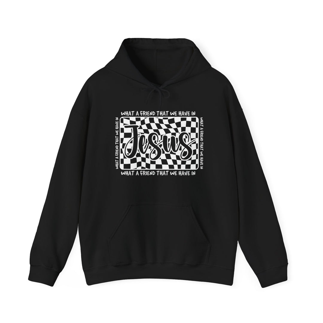 Black hoodie with kangaroo pocket featuring a warped checkerboard design and What a Friend We Have in Jesus text, blending comfort with unique graphic style.