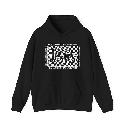 Black hoodie with kangaroo pocket featuring a warped checkerboard design and What a Friend We Have in Jesus text, blending comfort with unique graphic style.