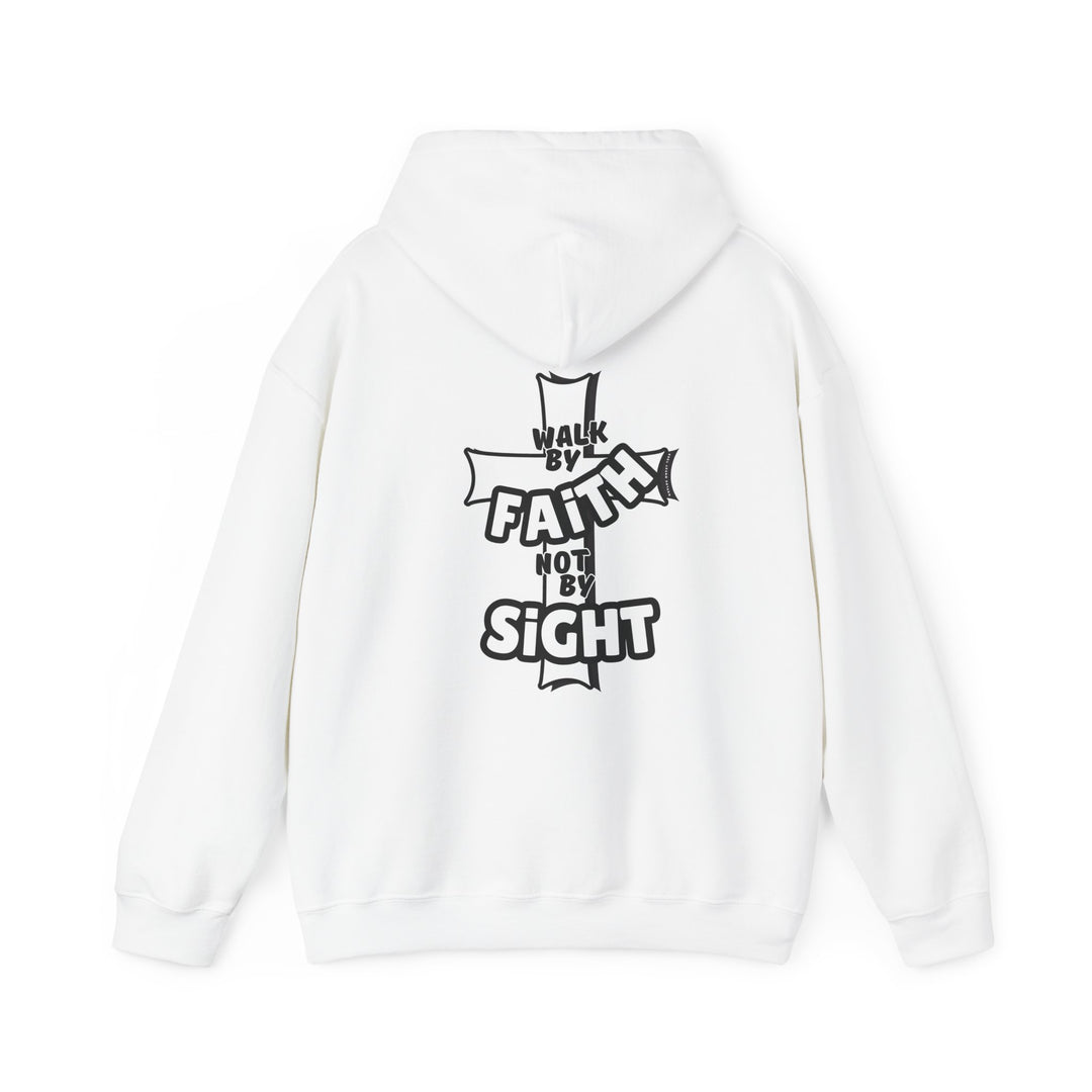 A white hoodie featuring black text and a cross design, embodying the Walk By Faith Not By Sight Crew theme. Unisex heavy blend, cotton-polyester fabric, kangaroo pocket, and drawstring hood. Ideal for comfort and style.