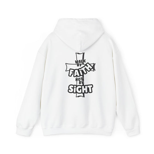 A white hoodie featuring black text and a cross design, embodying the Walk By Faith Not By Sight Crew theme. Unisex heavy blend, cotton-polyester fabric, kangaroo pocket, and drawstring hood. Ideal for comfort and style.