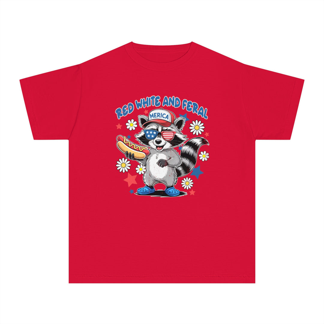 Kid's Red White and Feral 4th tee, classic fit, soft-washed, 100% combed ringspun cotton, ideal for active schedules, combining comfort and agility.