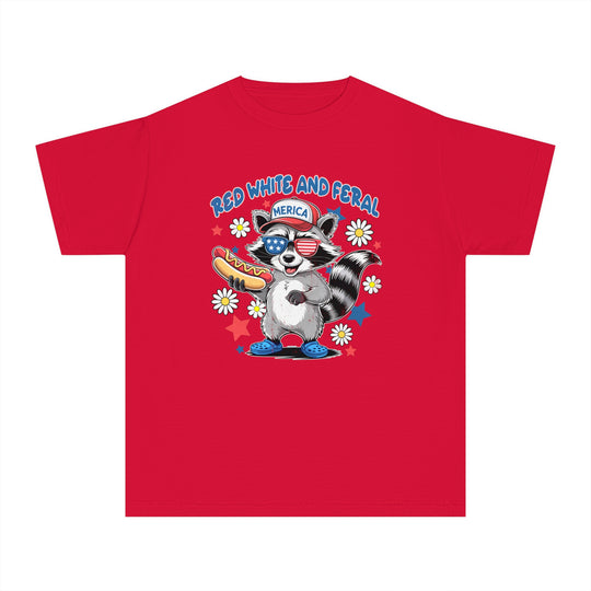 Kid's Red White and Feral 4th tee, classic fit, soft-washed, 100% combed ringspun cotton, ideal for active schedules, combining comfort and agility.