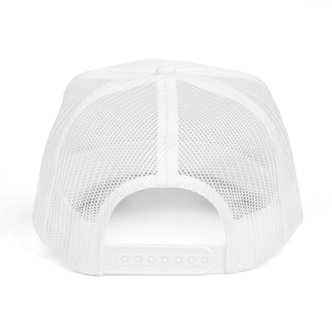 Rear view of the He's Hunting. Foam Trucker Hat, showcasing its white mesh back and adjustable plastic snap-back closure for a customizable fit.