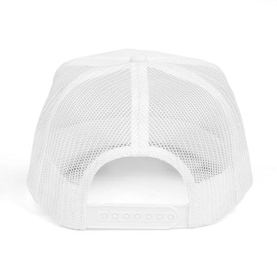 Rear view of the He's Hunting. Foam Trucker Hat, showcasing its white mesh back and adjustable plastic snap-back closure for a customizable fit.