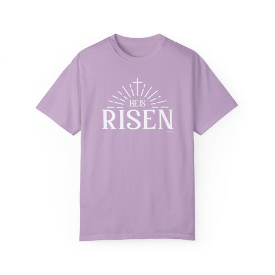 Relaxed fit He is Risen Tee, 100% ring-spun cotton, garment-dyed for coziness. Durable double-needle stitching, tubular shape, no side-seams. Ideal daily wear from Worlds Worst Tees.