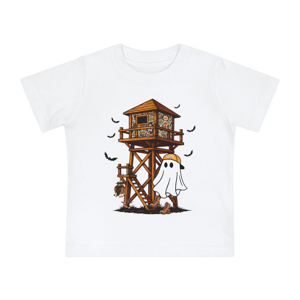 Ghost Hunter Baby Tee features a playful Halloween-hunting scene with a camo hunting stand, bats, and a ghost in boots, perfect for stylish baby adventures.