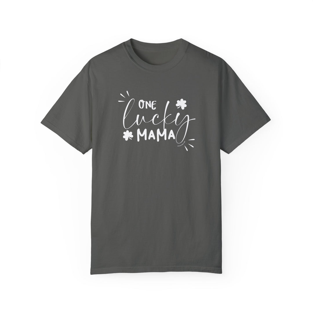 A ring-spun cotton One Lucky Mama Tee, garment-dyed for extra coziness. Relaxed fit, double-needle stitching, no side-seams for durability and shape retention. Medium weight, perfect for daily wear.