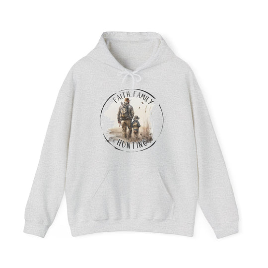 A white sweatshirt featuring a man and child hunting scene, crafted from a cozy cotton-polyester blend. Unisex, with a kangaroo pocket and drawstring hood. Faith Family Hunting Hoodie by Worlds Worst Tees.