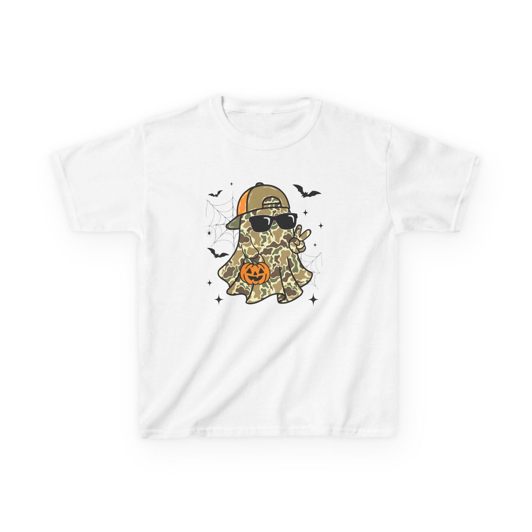 Candy Ghost Kids Tee featuring a ghost in camouflage, sunglasses, and cap, holding a jack-o’-lantern. Fun Halloween motifs and durable cotton blend for kids.