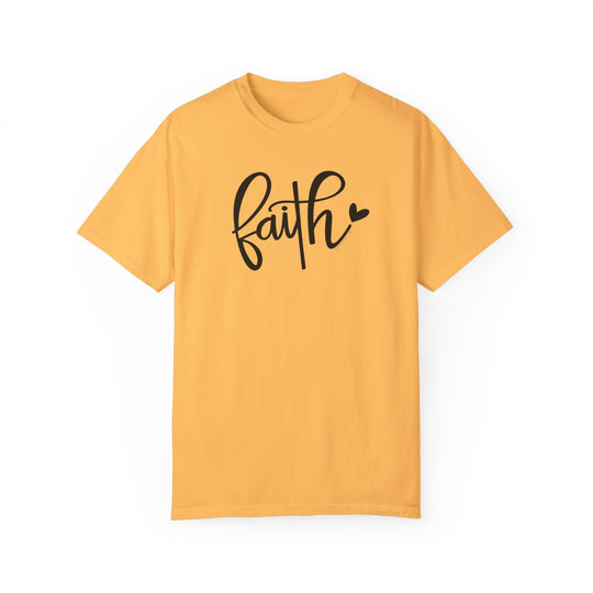 Relaxed fit Faith Tee in yellow with black text. 100% ring-spun cotton, garment-dyed for coziness. Double-needle stitching for durability, no side-seams for shape retention. Ideal for daily wear.