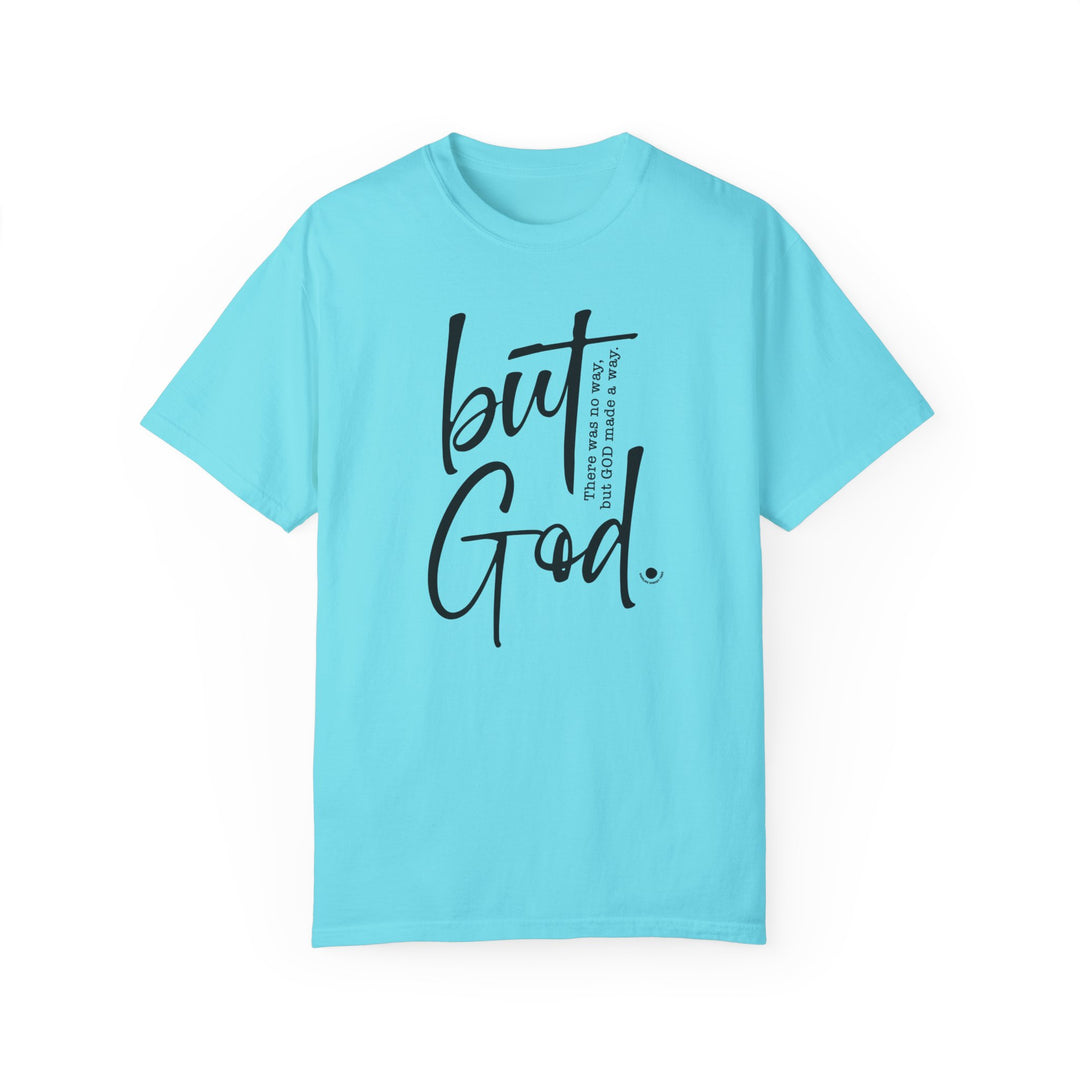 Relaxed fit But God Tee, 100% ring-spun cotton. Soft-washed, garment-dyed fabric for coziness. Double-needle stitching for durability, no side-seams for shape retention. Ideal for daily wear.