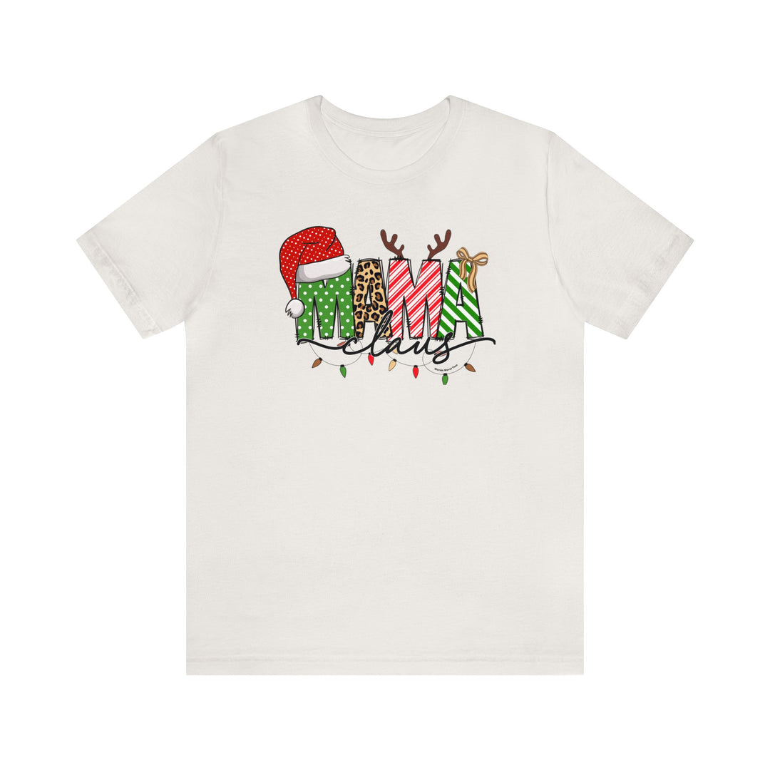 Unisex Mama Claus Tee: A white t-shirt featuring a graphic design of Mama Claus. Soft cotton, ribbed knit collar, and Airlume combed cotton fabric. Sizes XS to 5XL. Retail fit.
