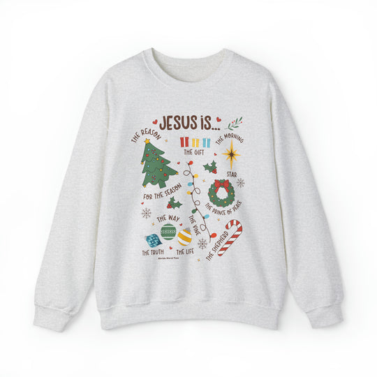 A unisex heavy blend crewneck sweatshirt featuring a graphic design of Jesus for Christmas. Made of 50% cotton and 50% polyester with ribbed knit collar and loose fit. Sewn-in label, sizes S-5XL.