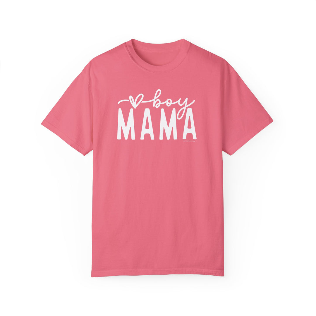 Relaxed fit Boy Mama Tee, 100% ring-spun cotton, garment-dyed for coziness. Double-needle stitching, no side-seams for durability and shape retention. Medium weight, ideal for daily wear.
