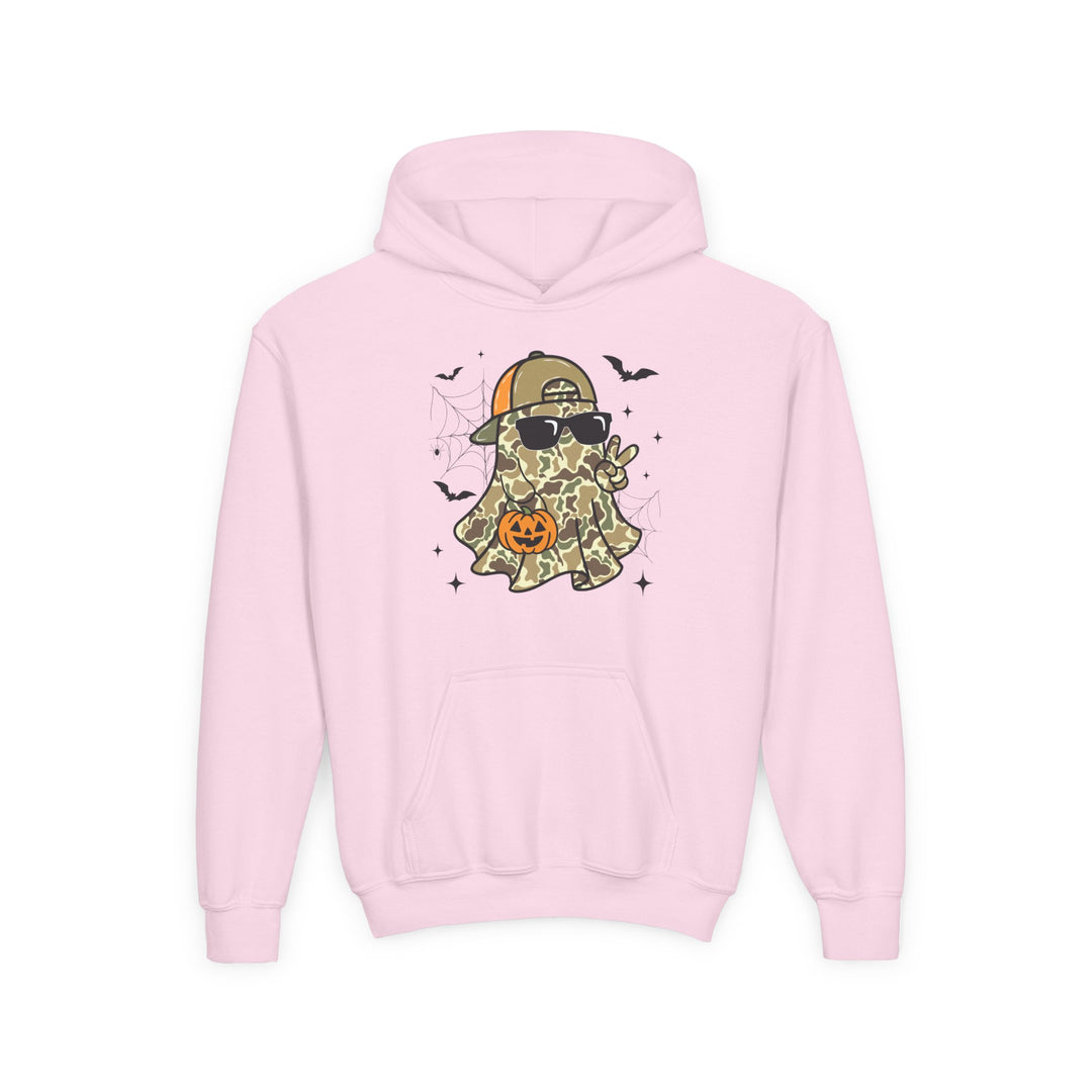 Candy Ghost Youth Hoodie featuring a camo-pattern ghost in sunglasses, peace sign, and jack-o’-lantern, surrounded by bats, webs, and sparkles.