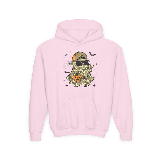 Candy Ghost Youth Hoodie featuring a camo-pattern ghost in sunglasses, peace sign, and jack-o’-lantern, surrounded by bats, webs, and sparkles.