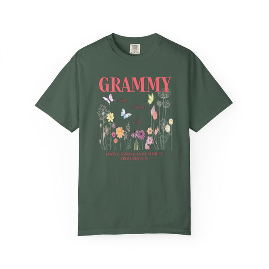 Green Grammy Tee featuring floral and butterfly design, showcasing a relaxed fit and durable double-needle stitching, ideal for casual or semi-formal wear.