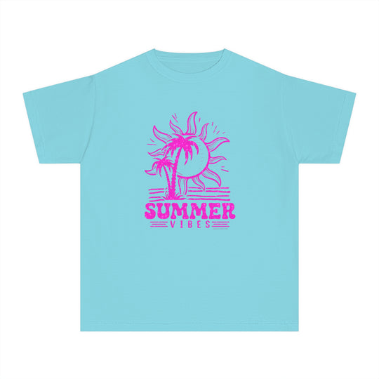 Summer Vibes Kids Tee, blue shirt with pink sun, palm trees, and text. Active shirt for kids, 100% cotton, soft-washed, classic fit, perfect for play or study. Sizes XS to XL.