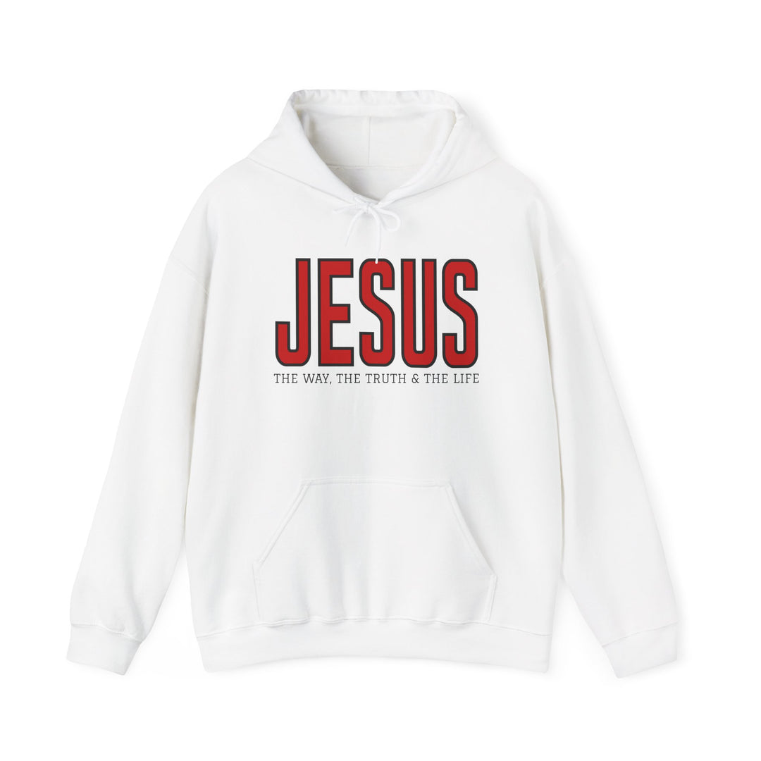 White pullover hoodie with red lettering JESUS and THE WAY, THE TRUTH & THE LIFE, featuring a kangaroo pocket and drawstring hood.