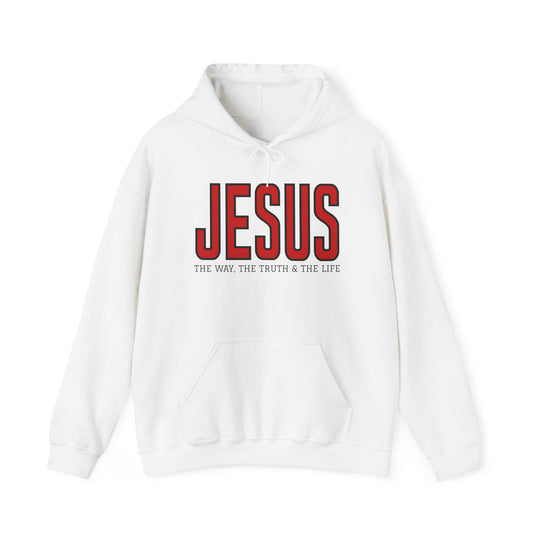 White pullover hoodie with red lettering JESUS and THE WAY, THE TRUTH & THE LIFE, featuring a kangaroo pocket and drawstring hood.
