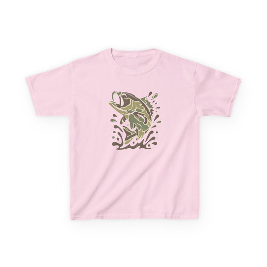 Camo Fish Kids Tee: Light-pink T-shirt with a green camo-style fish graphic leaping from water, designed for everyday wear with durable cotton fabric.