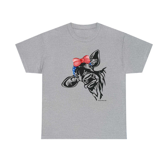 Unisex grey t-shirt featuring a cow with a red bow, ideal for casual wear. No side seams for comfort, durable taped shoulders, and ribbed knit collar. Available in various sizes. Crafted from 100% cotton.