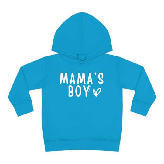 Toddler hoodie with Mama's Boy design, featuring jersey-lined hood, cover-stitched details, and side seam pockets for durability and coziness. Ideal for 2T-5-6T sizes.