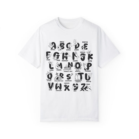 A Bible Alphabet Tee, featuring black letters on a white shirt. Made of 100% ring-spun cotton, garment-dyed for extra softness. Relaxed fit, double-needle stitching, and seamless design for durability and comfort.