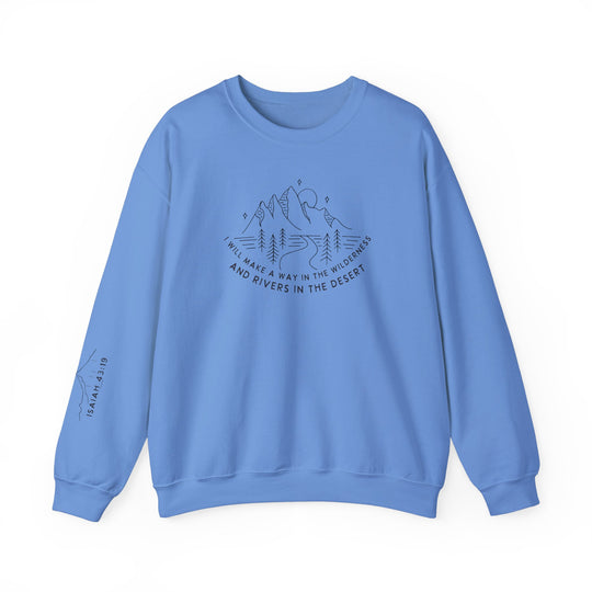 Unisex heavy blend crewneck sweatshirt featuring a mountain logo and trees. Comfortable fit with ribbed knit collar, no itchy seams, and durable stitching. Made from 50% cotton, 50% polyester fabric.