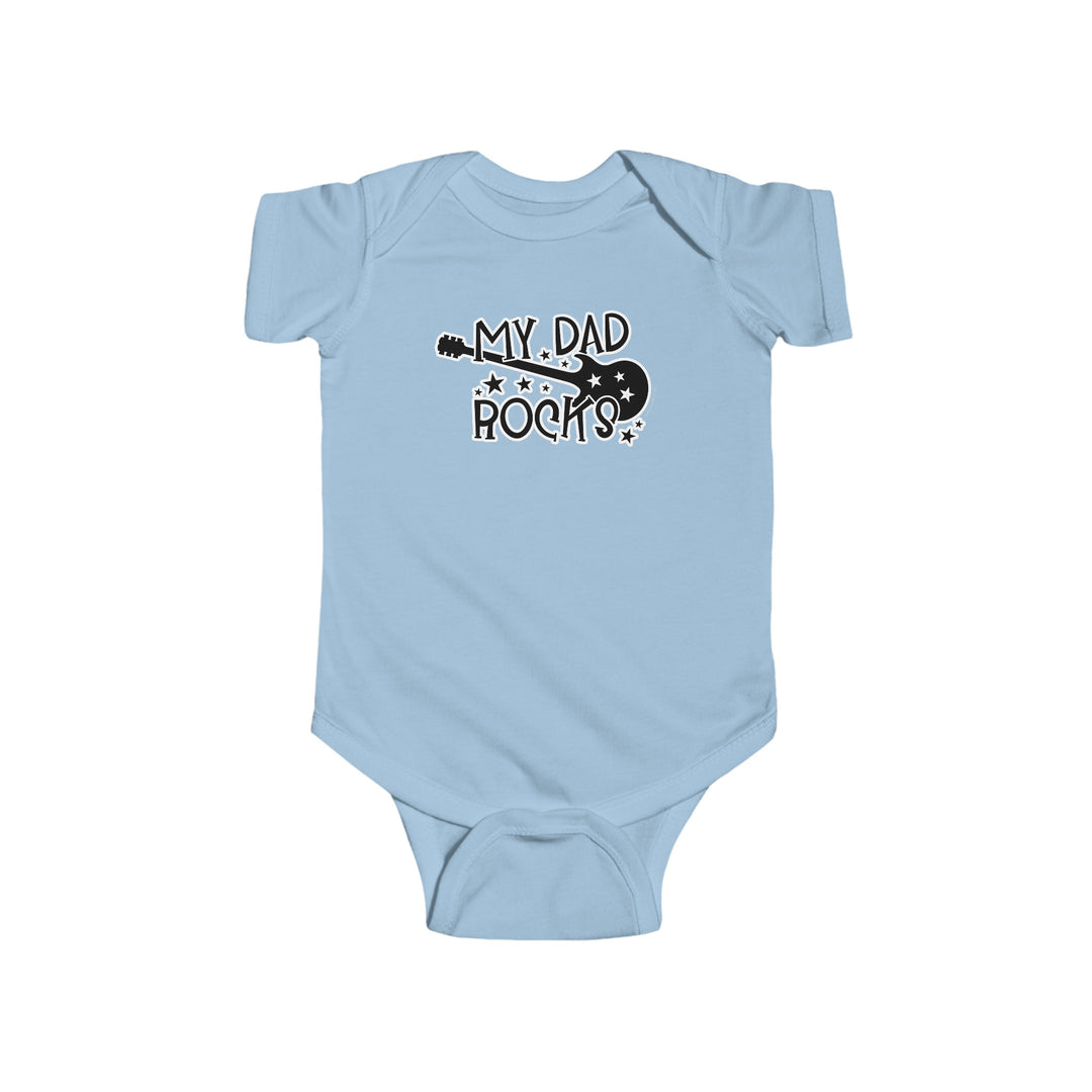 A baby bodysuit featuring text that reads My Dad Rocks Onesie from Worlds Worst Tees. Made of 100% cotton, light fabric with ribbed knit bindings and plastic snaps for easy changing access.