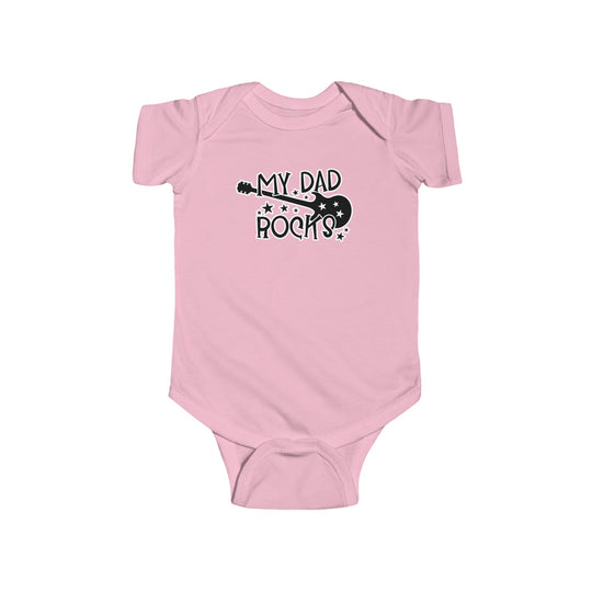 A durable and soft infant fine jersey bodysuit featuring a black and white My Dad Rocks design. Made of 100% cotton with ribbed knit bindings and plastic snaps for easy changing access. From Worlds Worst Tees.