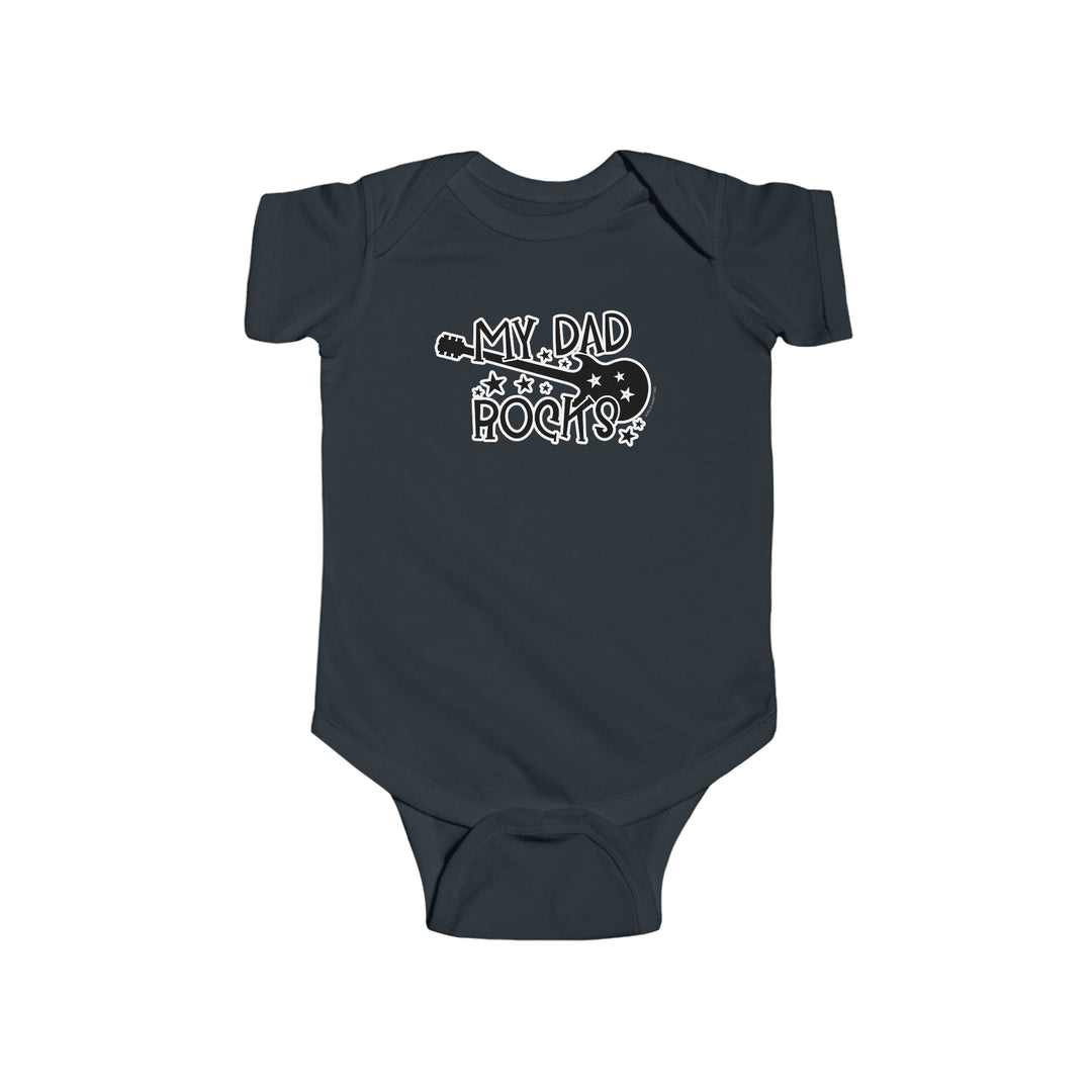 A baby bodysuit featuring a guitar and text, embodying the title My Dad Rocks Onesie from Worlds Worst Tees. Made of 100% cotton, with ribbed bindings and plastic snaps for easy changing. Combed ringspun cotton, light fabric, tear away label.