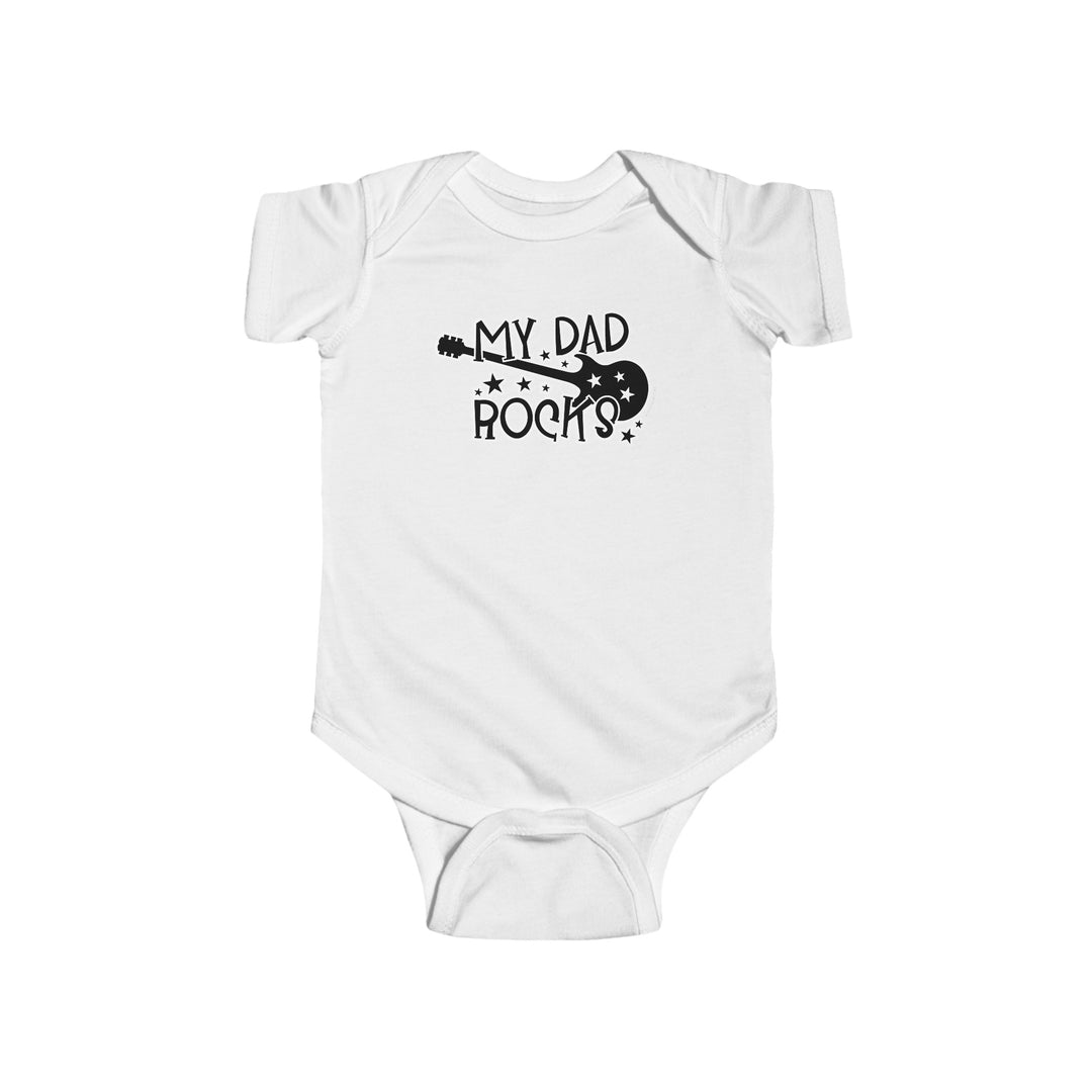 A white baby bodysuit with black text, featuring the title My Dad Rocks Onesie. Made of 100% cotton, light fabric, with ribbed bindings and plastic snaps for easy changing access. From Worlds Worst Tees.