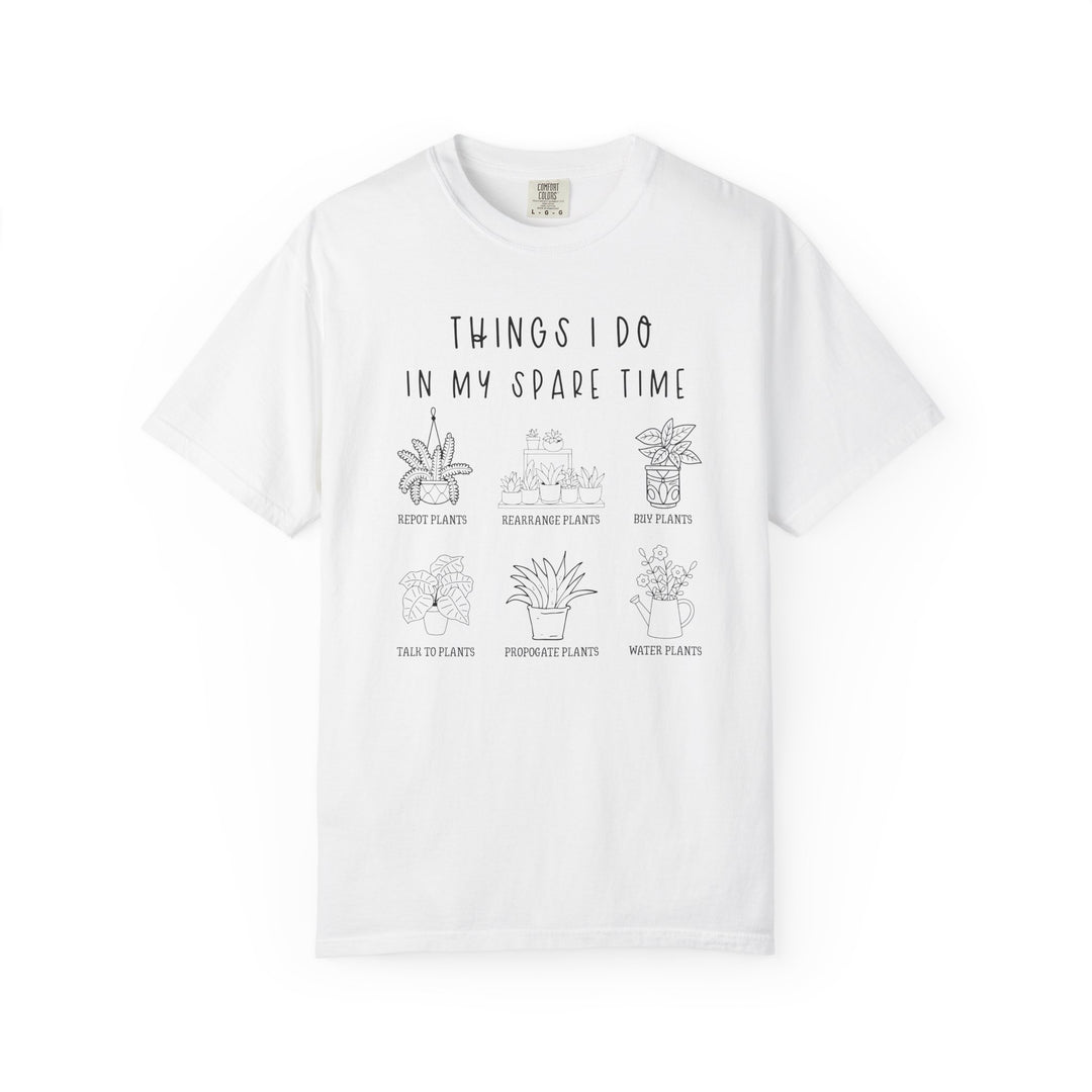 Plants Spare Time Tee featuring six line-drawn potted plants with hobby labels, capturing a humorous plant parent theme. Comfortable, durable, and available in multiple sizes.